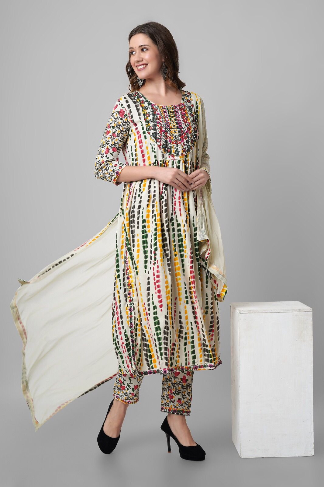 White Nairacut Kurti With Pant And Dupatta Set Catalogue